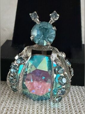 Silver-Tone Blue & Pink Crystal Beetle Brooch - Women Jewelry